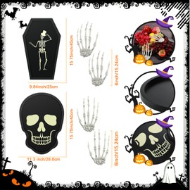 4 Pcs Halloween Party Decorations - 2 Pcs Halloween Coffin Charcuterie Board - 2 Pairs Wooden Skeleton Hands - Cheese Candy Platter Serving Tray Gothic Kitchen Party Day of The Dead Decor
