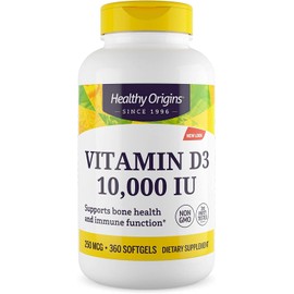 Healthy Origins Vitamin D3 (Lanolin) 10,000 IU Softgel - Bone Health and Immune Support Supplement - Easily Absorbable Vitamin D Supplements - Gluten-Free Vitamin D3 Supplement - 360 Softgels