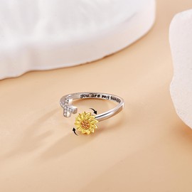 AXOMY Sunflower Fidget Rings for Anxiety 925 Sterling Silver Cross Spinner Ring Open Adjustable You are My Sunshine Ring