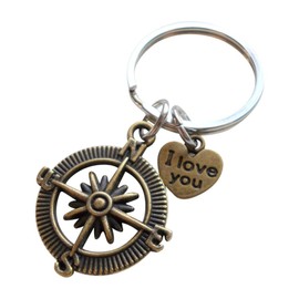 JewelryEveryday Bronze Open Metal Compass Keychain with I Love You Heart Charm- I'd Be Lost Without You; 8 Year Anniversary Keychain, Couples Keychain