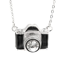 Spinningdaisy Silver Plated Black Color Classic Film Camera Necklace