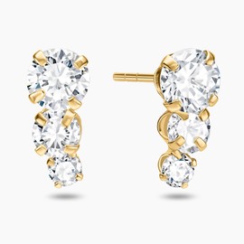 14K Yellow-gold 3-Stone Cascading Drop Earrings, Round Cubic Zirconia, Soft Silicone gold back, Stud Earrings For Women Gift For Her Jewelry For Women