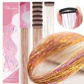 Hair Tinsel Pack of 12Pcs, Clip in Hair Tinsel Kit 20 Inch Glitter Tinsel Hair Extensions, Festival Gift Tinsel Fairy Hair Extension Party Dazzle Hair Accessories Strands Kit (12Pcs,Gold Pink#)