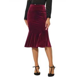 Allegra K Women's Feminine Chic Retro Elastic Waist Velvet Fishtail Mermaid Bodycon Skirt Red L
