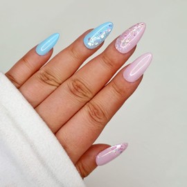 10 Pcs Handmade Press on Nails (Medium, Spring's Message - Jelly Pink And Light Blue With Mixed Holo Glitters/Almond) A045M