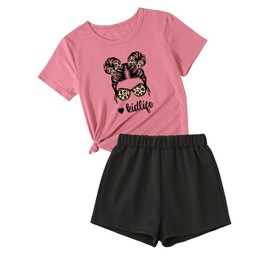 Axumity Kid Toddler Girl Clothes Figure Graphic Print Tee Top + Solid Colour Shorts Girls Summer Outfits Set(5-6T)