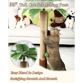 ANWA 35" Tall Cat Scratching Post for Kitten and Large Cats, Scratching Post for Indoor Cats with Self-Grooming Rubber Brush, Cat Sisal Post with Simulated Leaves