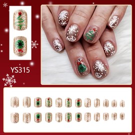 Christmas Press on Nails Short Square Fake Nails Glitter Xmas Glue on Nails Full Cover Acrylic Nails Snowflake Christmas Tree False Nails Winter Stick on Nails for Women Manicure Decorations