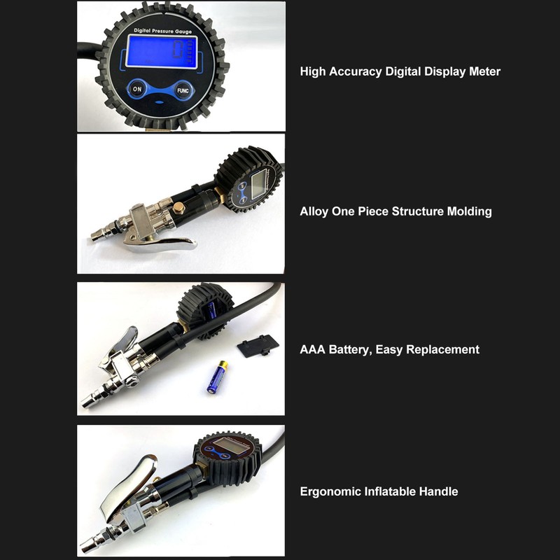 Digital Tire Inflator Tire Pressure Gauge with Digital Display 1/4