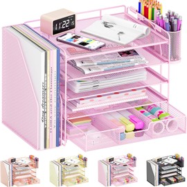 OPNICE Desk Organizers and Accessories, 5-Tier Paper File Organizer with Drawer & Pen Holder, Office Desk Accessories Workspace Desktop Organizer for Office Supplies((Pink)