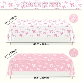 Pack of 4 Pink Bow Birthday Decorations, 130 x 220 cm White and Pink Bows Tablecloth for Girls Birthday Decorations Baby Shower Party Supplies
