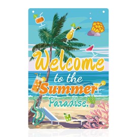 Gosknor Bar Sign, Welcome to the Summer Paradise Wall Art Decor Decorative Tin Sign Plaque for Home Bar Beach Houses Backyard Wall Decoration, 8x12 Inches