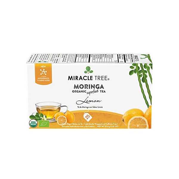 Miracle Tree - Organic Moringa Superfood Tea, 25 Individually Sealed Tea Bags, Lemon