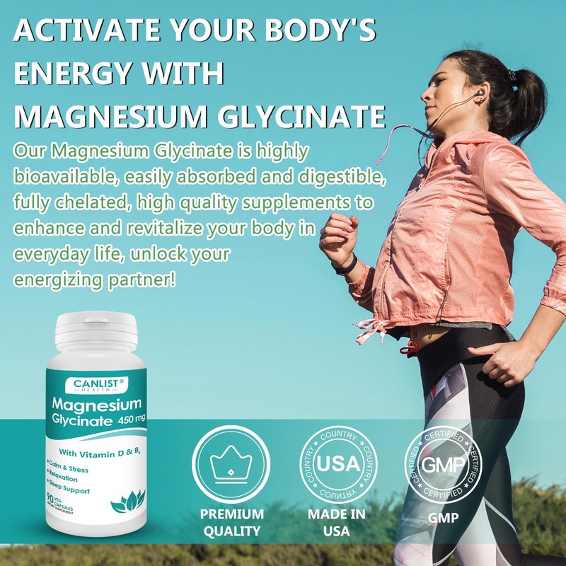 CANLIST Magnesium Glycinate Supplements 450mg for Bone & Muscle Health,