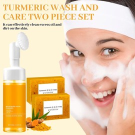Turmeric Wash and Care Two Piece Set, Turmeric Facial Cleanser & Turmeric Soap Combo, turmeric face Wash and Soap Bar for face & Body, for All Skin Types