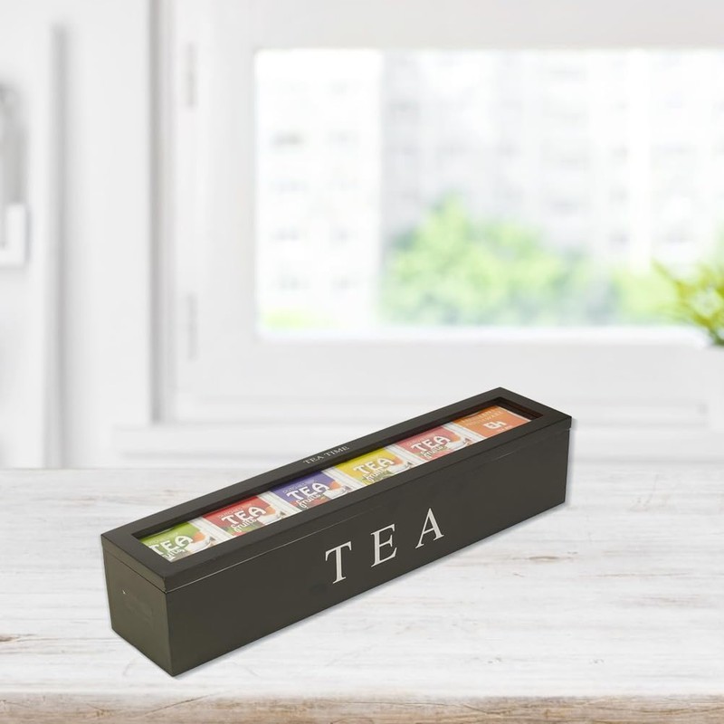 Small Wooden Tea Bag Storage Box 6 Compartment Wood Tea