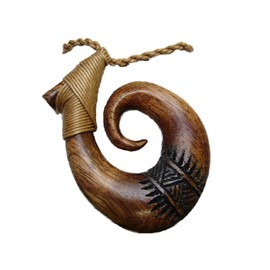 Natural Hawaii Koa Wood Fish Hook/Hei Matau Carved with Tribal Pattern Pendant Artistically Knotted w/Adjustable Brown Hemp Cord Necklace/Choker - Hawaiian/Polynesian Maori/New Zealand Style