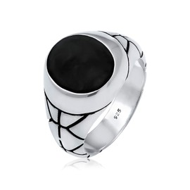 Kuzzoi 0610990119 Men's Signet Ring Oval Black Enamel Solid 13 mm Wide in 925 Sterling Silver Ring Decorated Black Oxidised Ring for Men in Ring Size 60 - 66, Sterling Silver
