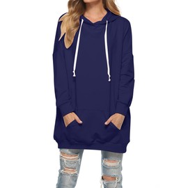 Famulily Womens Solid Color Kangaroo Pocket Pullover Casual Drop Shoulder Drawstring Thermal Hoodie Navy XXL