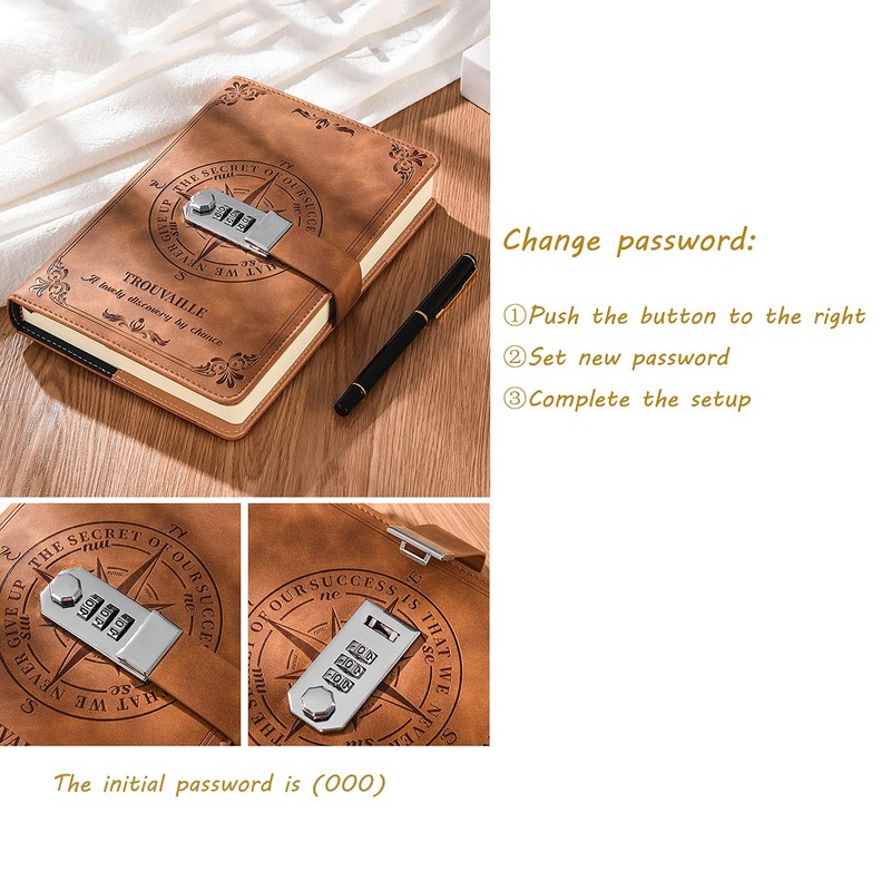 WANLIAN Nautical Pattern Brown Leather Lockable Journal with Pen Pocket