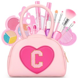 Kids Washable Play Makeup Kit for Little Girls - 18 Pcs Toddler Non Toxic Real Make Up Set with Lipstick - Birthday Gifts Toys for 3 4 5 6 7 8 9 10 Years Old Pink Initial Heart Purse - C