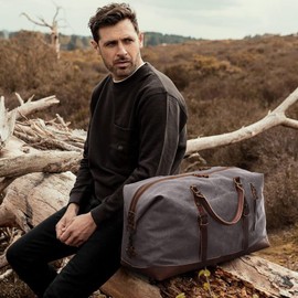 S-ZONE Travel Bag 52-55L Vintage Canvas Crazy Horse Leather Trim Unisex Hand Luggage Weekender Bag Sports Bag for Travel Weekend Holiday, Lightgrey, X-Large