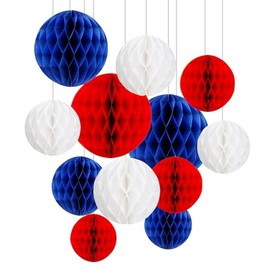 ZYOOO 12pcs Paper Honeycomb Balls, 15/25cm Tissue Paper Hanging Balls for National Day, Graduation, Birthday, Coronation Decorations (Red, Blue, White)