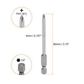 HARFINGTON 5pcs #1 Phillips Screwdriver Bit PH1 1/4" Hex Shank 3.15" (80mm) Long Magnetic S2 Steel Industrial Grade Screw Driver Bit Cross Head Electric Drill Bits 0.157" (4mm) Rod