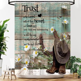 YOZSLGU Rustic Shower Curtain Inspirational Quotes Horseshoe Western Cowboy Boots Hat Daisy Floral Farmhouse Spring Country Fabric Bathroom Decor Curtains with Hooks