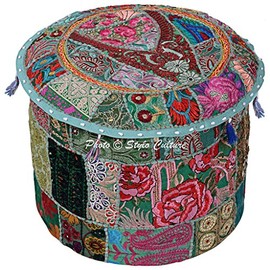 Stylo Culture Cotton Patchwork Embroidered Ottoman Stool Pouf Cover Green Flowers