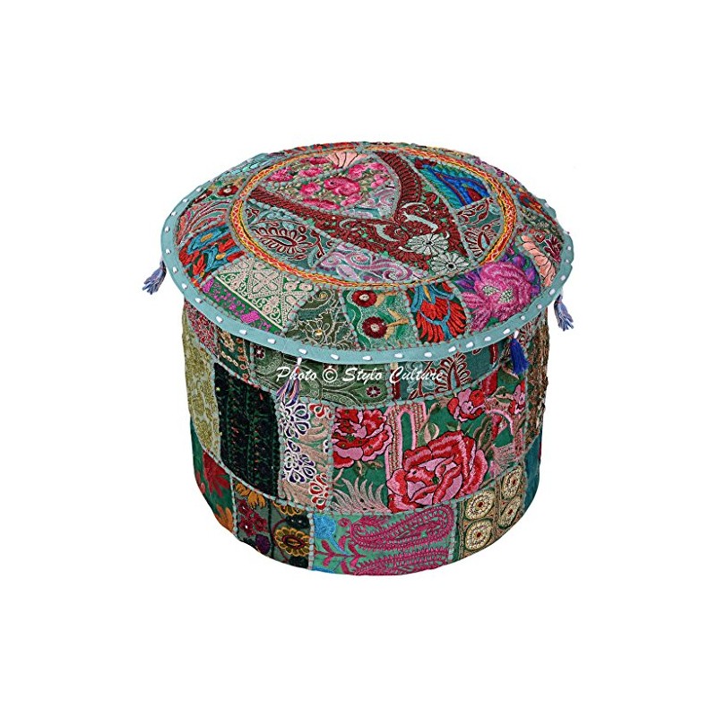 Stylo Culture Cotton Patchwork Embroidered Ottoman Stool Pouf Cover Green