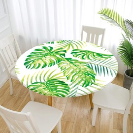 Chickwin Round Tablecloth, Waterproof, Creative 3D Printed Table Protector, Elastic Edge, Polyester Tablecloth for Kitchen, Dining Room, Garden or Camping (Monstera, 100 cm)