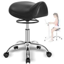 Saddle Stool with Wheels 300 lbs Weight Capacity, Heavy Duty Rolling Stool for Medical Massage Salon Kitchen Spa Drafting Nail-Tech,Height Adjustable,360 Swivel,Wide Thick Seat Padding (Plain Black)