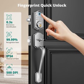 AkaGear Keyless Entry Door Lock with Handle Set - Fingerprint Door Locks, Electronic Keypad Deadbolt, Smart Locks for Front Door, Auto-Lock & One Touch Locking, Easy Installation - Satin Nickel