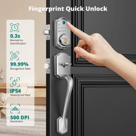 AkaGear Keyless Entry Door Lock with Handle Set - Fingerprint Door Locks, Electronic Keypad Deadbolt, Smart Locks for Front Door, Auto-Lock & One Touch Locking, Easy Installation - Satin Nickel