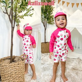 Aalizzwell 18-24 Months Baby Girls One Piece Long Sleeve Swimsuit Strawberry Bathing Suit Fruit Swimwear Beach Wear