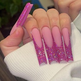 Pink French Tip Press on Nails Extra Long Square Fake Nails with Bling Designs 24 Pcs Natural Reusable Acrylic Nail Full Cover Stick on Nail for Women Fashion Party WYFHDT