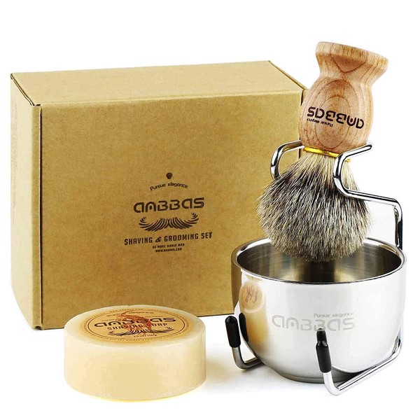 Anbbas Pure Badger Hair Shaving Brush Solid Wood Handle with Goat Milk Shaving Soap 100g,Stainless Steel Shaving Stand and 2 Layers Shaving Bowl Kit Perfect for Men Gift