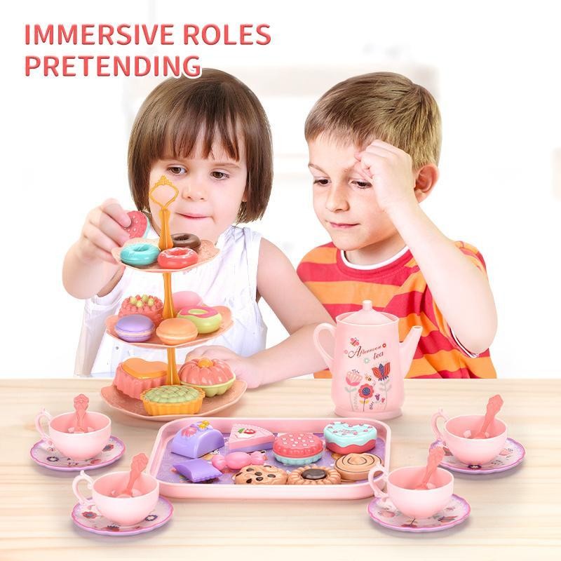 Girls Tea Party Set, Pretend Play Kitchen Toy with Dessert