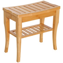 LJLB Wooden Shower Bench Seat with Underneath Storage Shelf, Versatile for Indoor and Outdoor Use, Natural Wood Finish