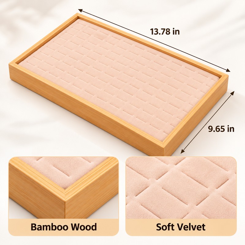 Bamboo Wood Velvet Ring & Stud Earring Display Tray –