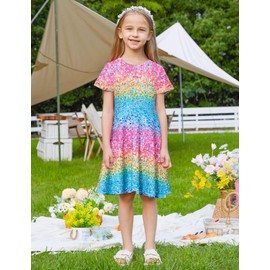 RAISEVERN Little Girls Dress Glitter Rainbow Short Sleeve Casual Sundress Kids Summer Swing Twirly Midi Dresses Size 7