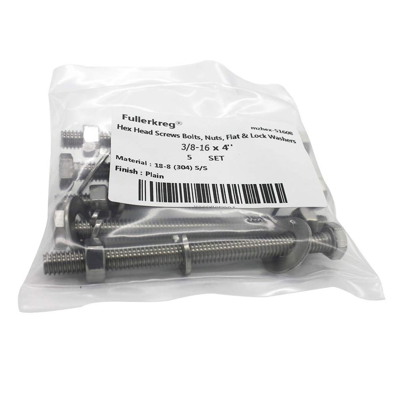 (4 Sets) 3/8-16x4 Stainless Steel Hex Head Screws Bolts, Nuts,