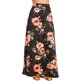 Lock and Love LL WDR1434 Womens Floral Print Maxi Skirt with Elastic Waist Band L Black_Floral
