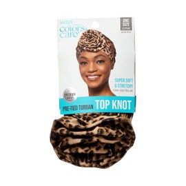 KISS COLORS & CARE Top Knot Pre-Tied Turban - Leopard - Stylish, Stretchy & Soft for Sleeping, Maximum Hair Protection, Minimizes Breakage, Comfortable for All Types of Hair