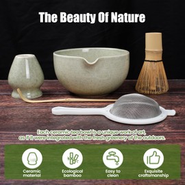 Matcha Set Whisk and Bowl, 5PCS Matcha Kit Bowl with Spout, Scoop,Sifter, 500ml Mottled Matcha Bowl Set for Tea Lovers Matcha Starter (Dark Green)