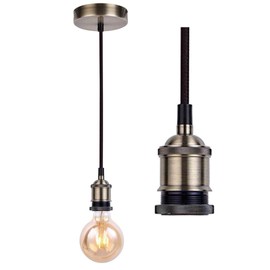 JING Vintage ,Industrial Antique Brass Ceiling Rose, Braided Flex E27 Lamp Holder,Suspended Ceiling Pendant Light Fitting-