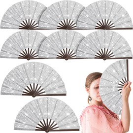 Wenqik 9 Pcs Large Glitter Rave Fan Valentine‘s Day Decoration Folding Hand Foldable Chinese Kung Fu Fan for Home Dance Club Festival Party Stage Performance Decoration(Silver)
