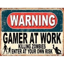 Shawprint Warning Gamer At Work Killing Zombies Enter At Your Own Risk Funny Metal Signs Father's Day Home Pub Indoor & Outdoor Garden Bar Garage Vintage Wall Plaque Man Cave Gift Retro (A3)