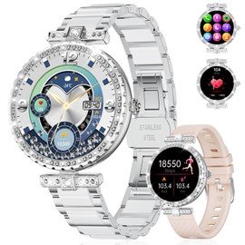 ESFOE Smart Watch for Women,1.19”AMOLED Elegant Smartwatch with Make/Answer Call,Fitness Tracker Ladies Watch with IP68 Waterproof 100+ Sports Pedometer for Android iOS,Silver Ceramic,2 Straps